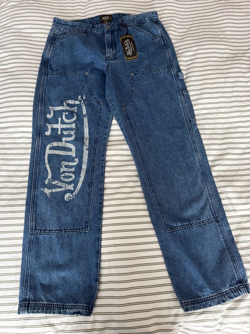 Von Dutch Men's Blue Denim Jeans with White Back Logo